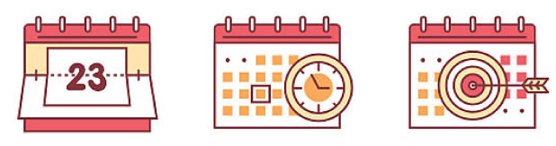 three Calendar icons with date clock and bulls-eye